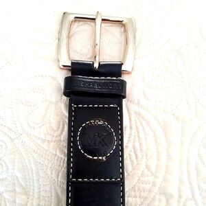 Michael Kors Women's Black Leather White Stitching Belt Goldtone Square Buckle M